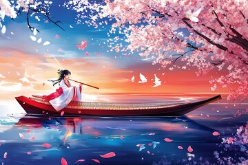 Sticker - Woman in Traditional Kimono Plays Flute on a Boat Under a Cherry Blossom Tree.