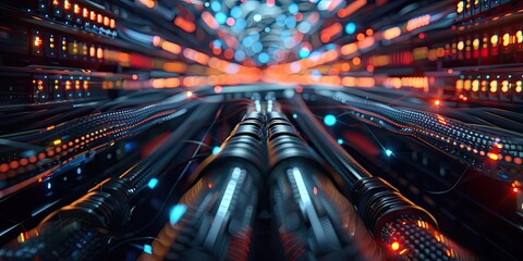 Futuristic server room with glowing cables.