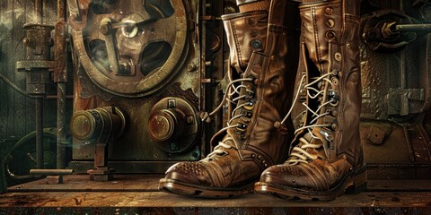 Wall Mural - Two worn boots rest on a rusty machine.