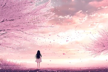 Canvas Print - Girl Standing in a Field of Pink Cherry Blossoms Under a Pink Sunset Sky.