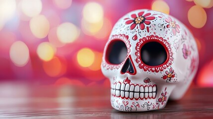 a skull with red and white flowers on it