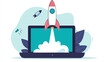 © atitaph - Flat vector illustration with rocket launch and laptop on background. Business startup concept.