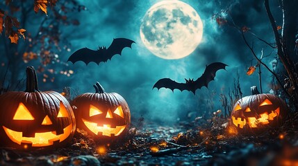 Wall Mural - a spooky halloween scene with jack-o'-lanterns, a full moon, and flying bats
