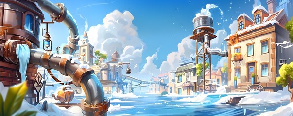 Wall Mural - Water Towers and Snowy Pipes in a Fantastical Town.