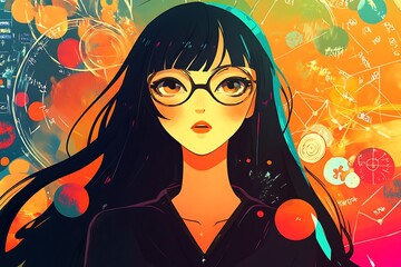 Wall Mural - Anime Girl with Glasses and Abstract Background.