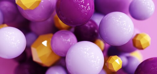 Abstract flying balls - 3D, render. Bright violet illustration with polygonal shapes for web wallpapers, posters, banners. Trendy color bubbles, children toys for technology and advertising.