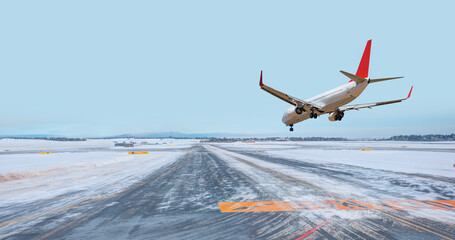 Wall Mural - White passenger airplane landing runway on snowy airport - Oslo, Norway