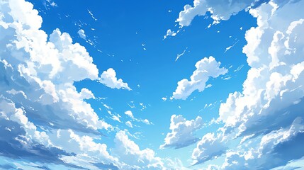 A sky filled with drifting white clouds on a warm summer day, with a bright blue backdrop