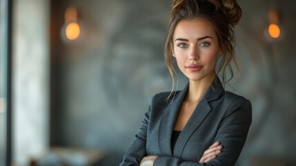 Wall Mural - Professional woman in a business suit poses confidently in a modern office environment during the day