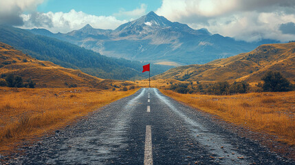 Wall Mural - A red flag is on a road in the middle of a desert