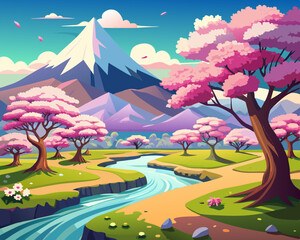 Wall Mural - Cherry Blossom Trees in Full Bloom landscape anime style