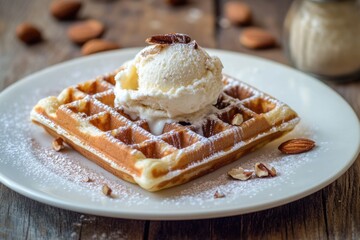 Wall Mural - Cinnamon Waffle. Belgian Waffle with Cream, Ice Cream and Nuts on Fresh Background