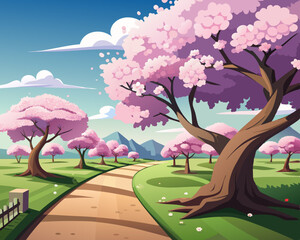 Wall Mural - Cherry Blossom Trees in Full Bloom landscape anime style