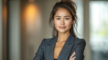 Wall Mural - Young professional woman in a modern office setting poses confidently with arms crossed during the day