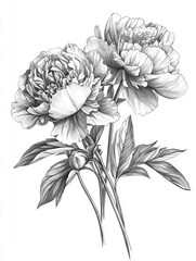 Wall Mural - Black and white Vintage engraved art of a peony bouquet, isolated on white background, ink sketch illustration, simple vector art design, highly detailed line art, high contrasty 