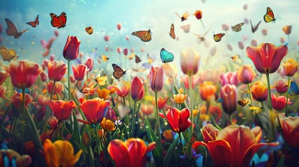 Wall Mural - Tulips Field with Butterflies