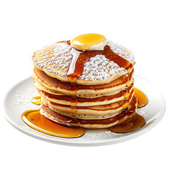 Wall Mural - Front view of a stack of fluffy pancakes with syrup and powdered sugar, isolated on a white transparent background.