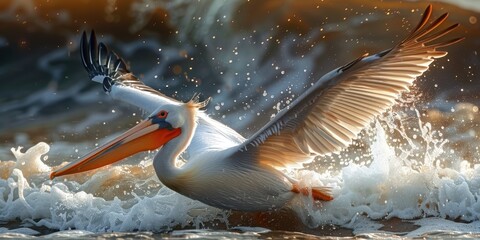 Pelican in Flight Over Water