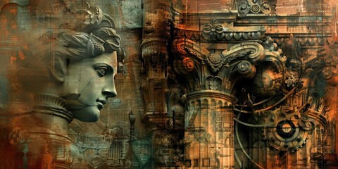 Abstract portrait with ancient columns and gears.