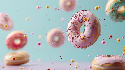 Delightful Floating Donuts with Colorful Sprinkles on Pastel Background - Playful Dessert Scene Concept