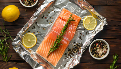 Aluminum foil with raw fish, lemon slices, rosemary and spices on wooden table. Baking salmon