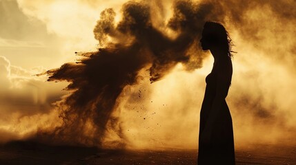 Wall Mural - Silhouette of a Woman in a Cloud of Dust