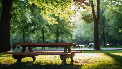 Poster - Empty picnic table waiting in green city park on sunny day