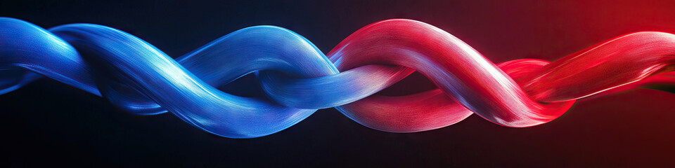 A striking dual-colored banner in red and blue, featuring two intertwined logos, symbolizing collaboration and strength.