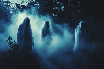 Three ghostly figures emerge from the fog in a dark forest.