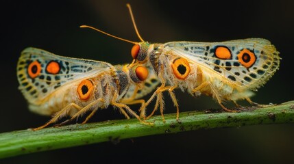 Two Orange-Eyed Insects on a Green Stem