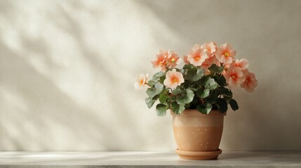 Poster - Peach Blossoms in a Terracotta Pot Against a Light Wall