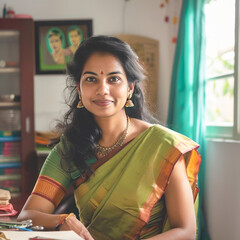 Wall Mural - Indian female teacher sitting confidently at office or classroom