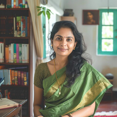 Indian female teacher sitting confidently at office or classroom