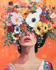 A woman's face is covered in flowers, creating a whimsical