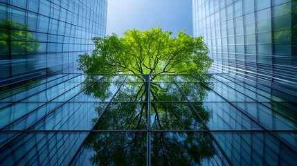 Wall Mural - Green tree reflected in glass building.