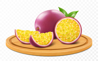Wall Mural - ripe tasty passion fruit on a wooden tray isolated on transparent background. whole ripe passion fru