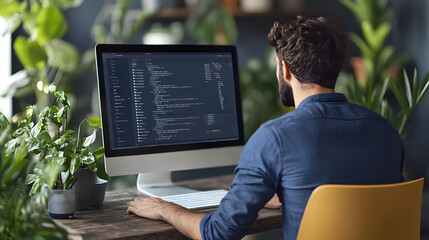 Man coding at his desk with plants.