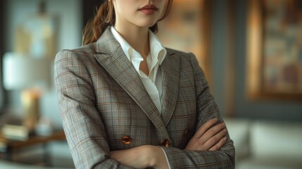 Wall Mural - Professional woman in a tailored suit stands confidently in a modern office environment