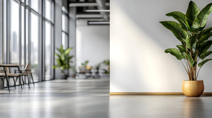 Wall Mural - Minimalist interior with a potted plant, a white wall and a wooden floor.