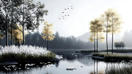 Poster - Misty lake with golden trees and birds flying.