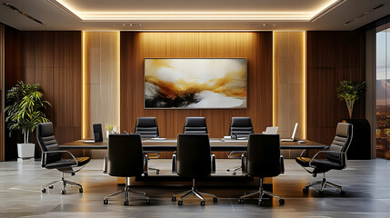 Modern boardroom interior design with wood paneling, abstract art, and sleek chairs.