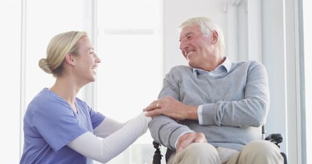 Wall Mural - Elderly man, wheelchair or nurse push in clinic or rehabilitation health, patient trust or help assistance. Old person, woman and service for recovery strength support, caregiving or physical therapy