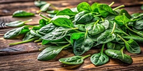 Wall Mural - Fresh organic green spinach leaves scattered on a rustic wooden table, surrounded by lush verdant foliage, evoking a sense of healthy natural abundance and wellness.