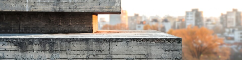 Concrete ledge against blurred cityscape at sunrise