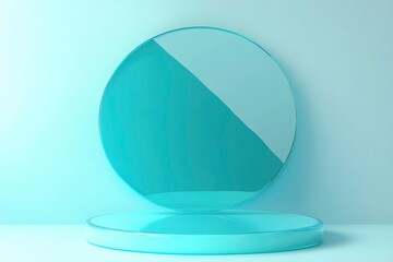 3D blue podium stand with circle glass backdrop is perfect for modern interior concept product display mockups. with generative ai