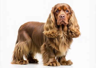 Wall Mural - Adorable Sussex spaniel with a gentle expression, floppy ears, and a curly coat stands against a pristine white background, showcasing its charming features.