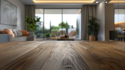 Wall Mural - Blurry modern living room behind wooden table top