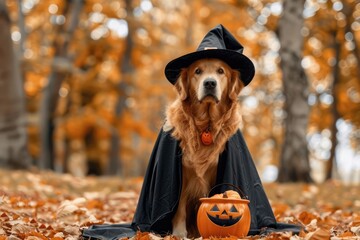 Golden Retriever dog dressed as witch with black cloak and hat holding pumpkin bucket on Halloween,