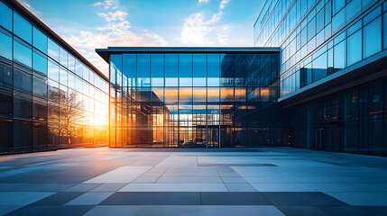 Canvas Print - Modern Glass Building with Sunset Reflection.