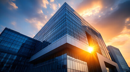 Wall Mural - Modern glass building with sunset sky.